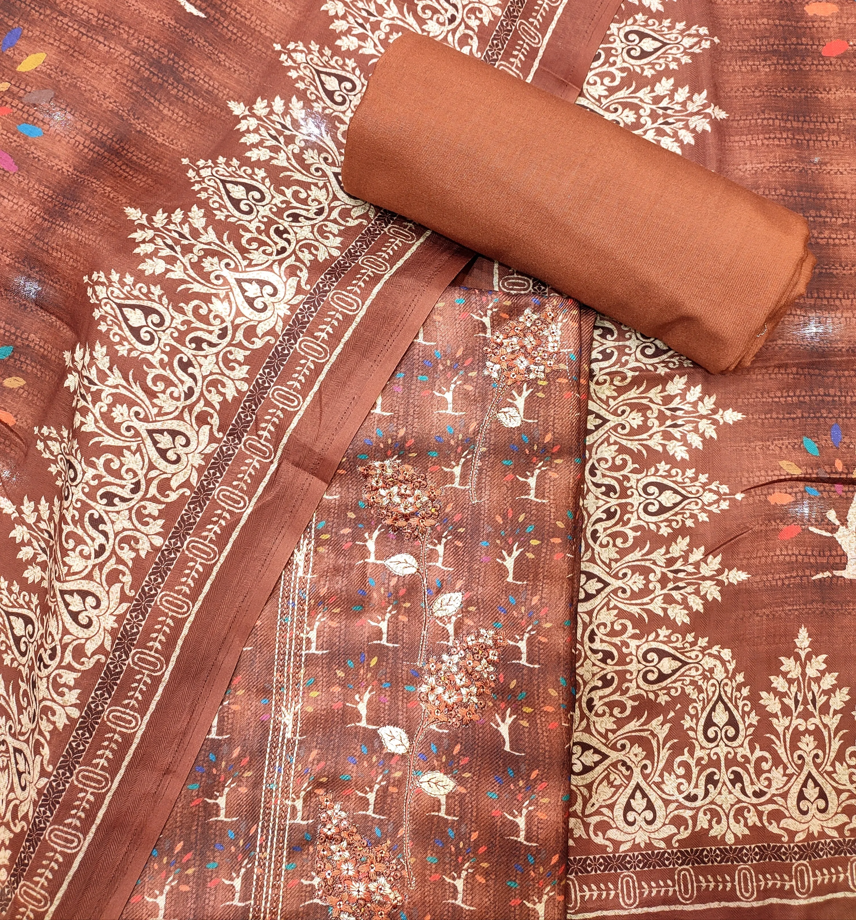 Elegant Brown Pashmina Unstitched Suit With Thread Embroidery