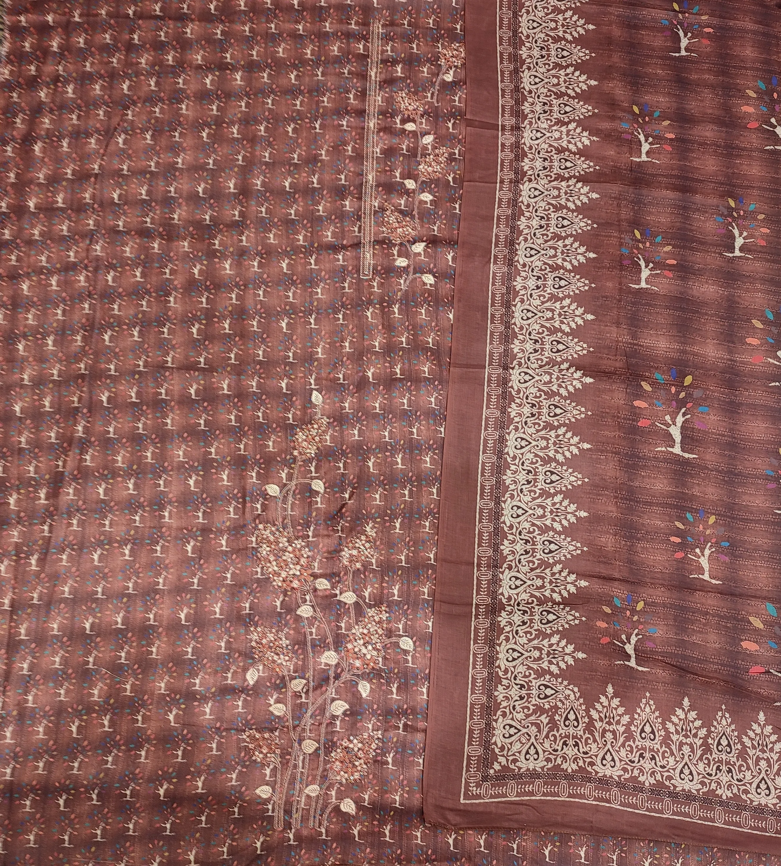 Elegant Brown Pashmina Unstitched Suit With Thread Embroidery