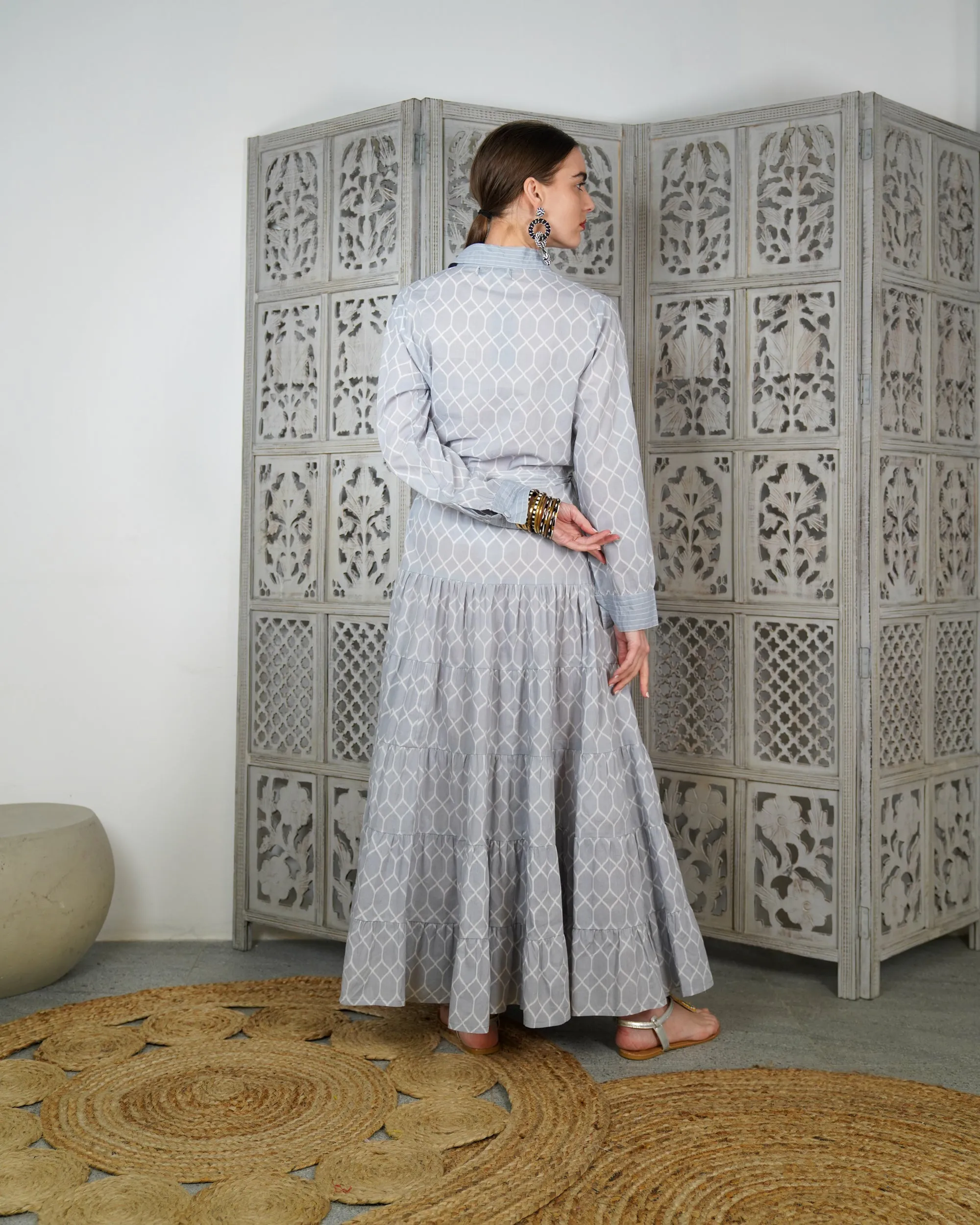 Embroidered collar with front stylish buttons and waist belted with gathered design cotton kaftan 3126 - قفطان