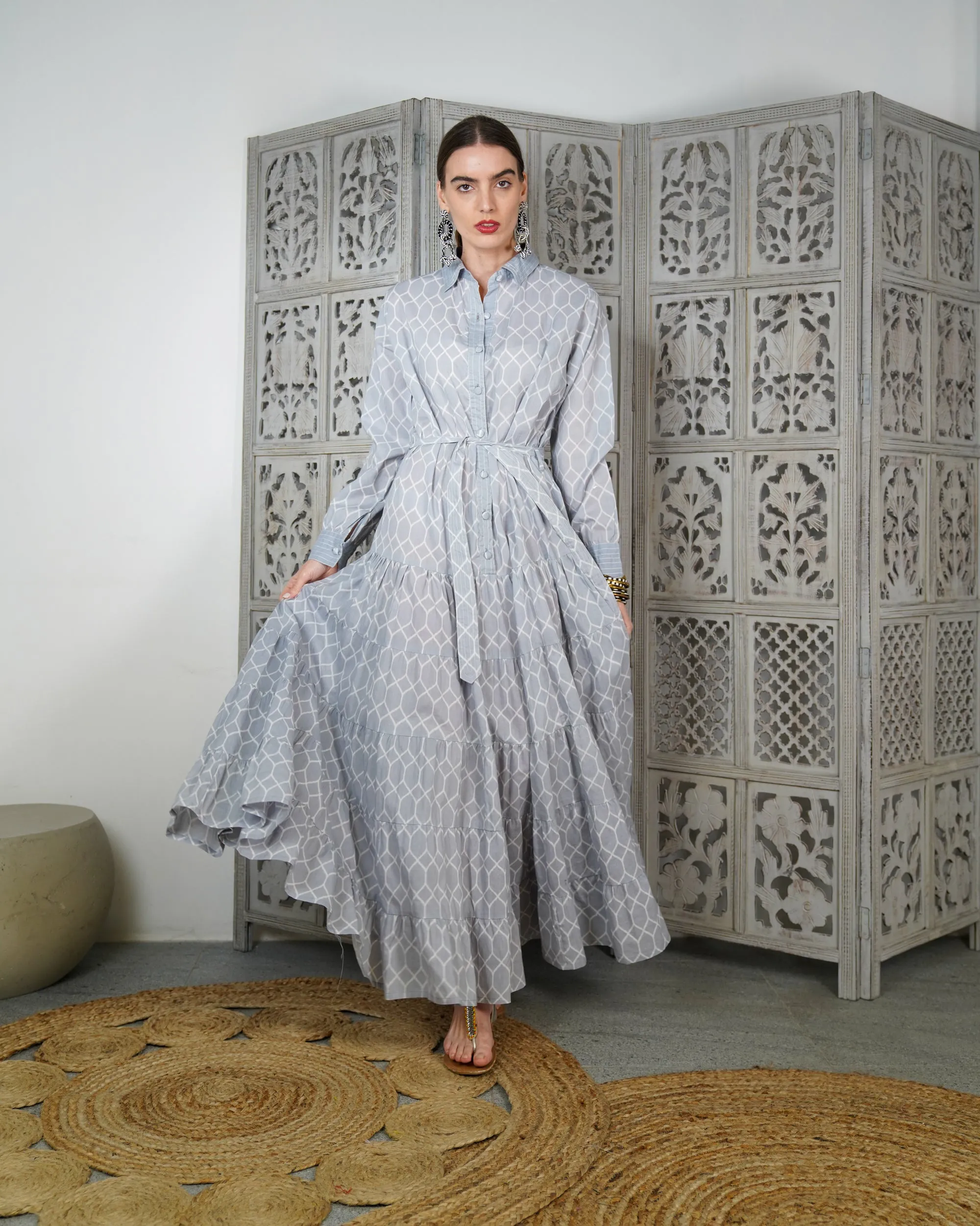 Embroidered collar with front stylish buttons and waist belted with gathered design cotton kaftan 3126 - قفطان