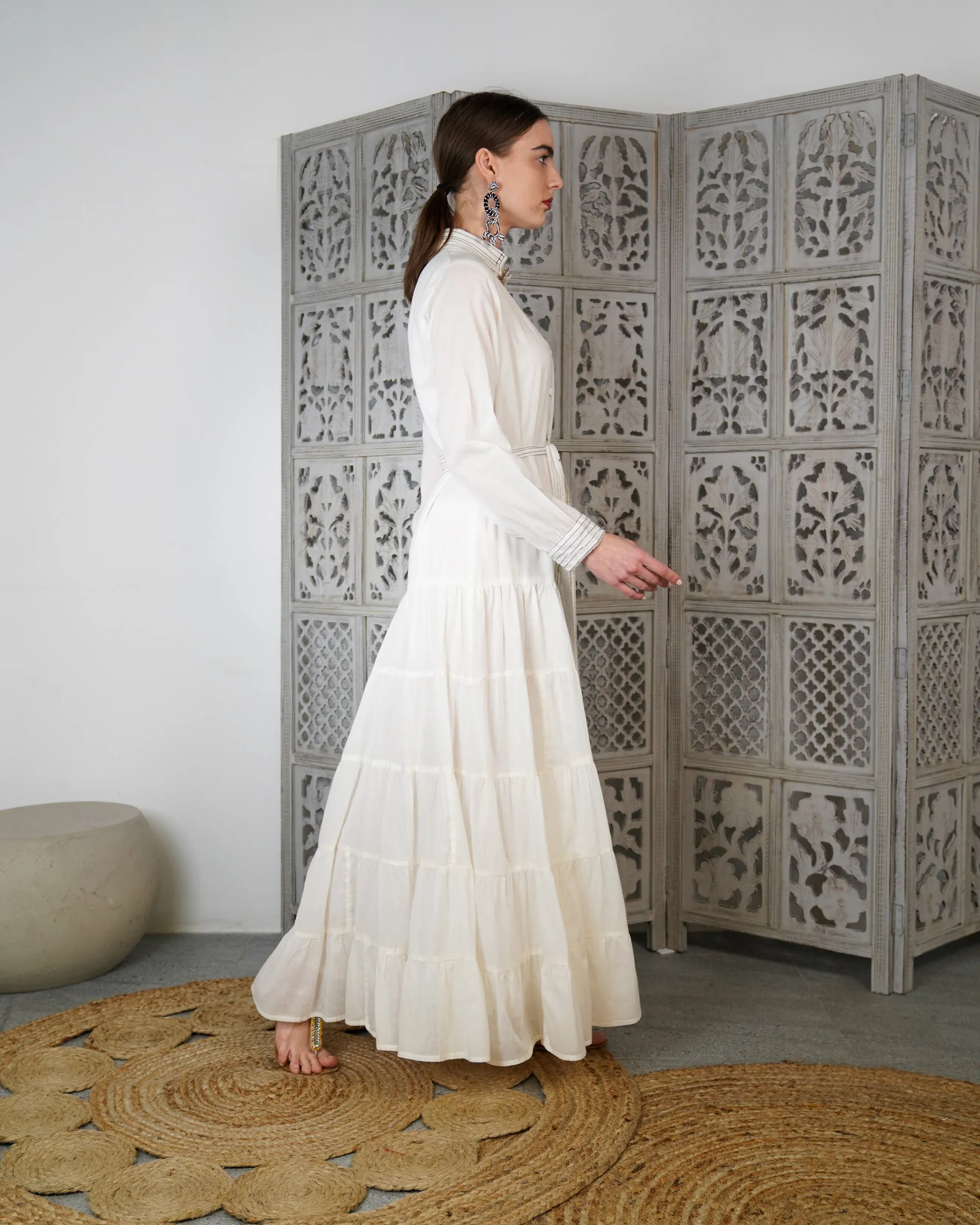 Embroidered collar with front stylish buttons and waist belted with gathered design cotton kaftan 3129 - قفطان