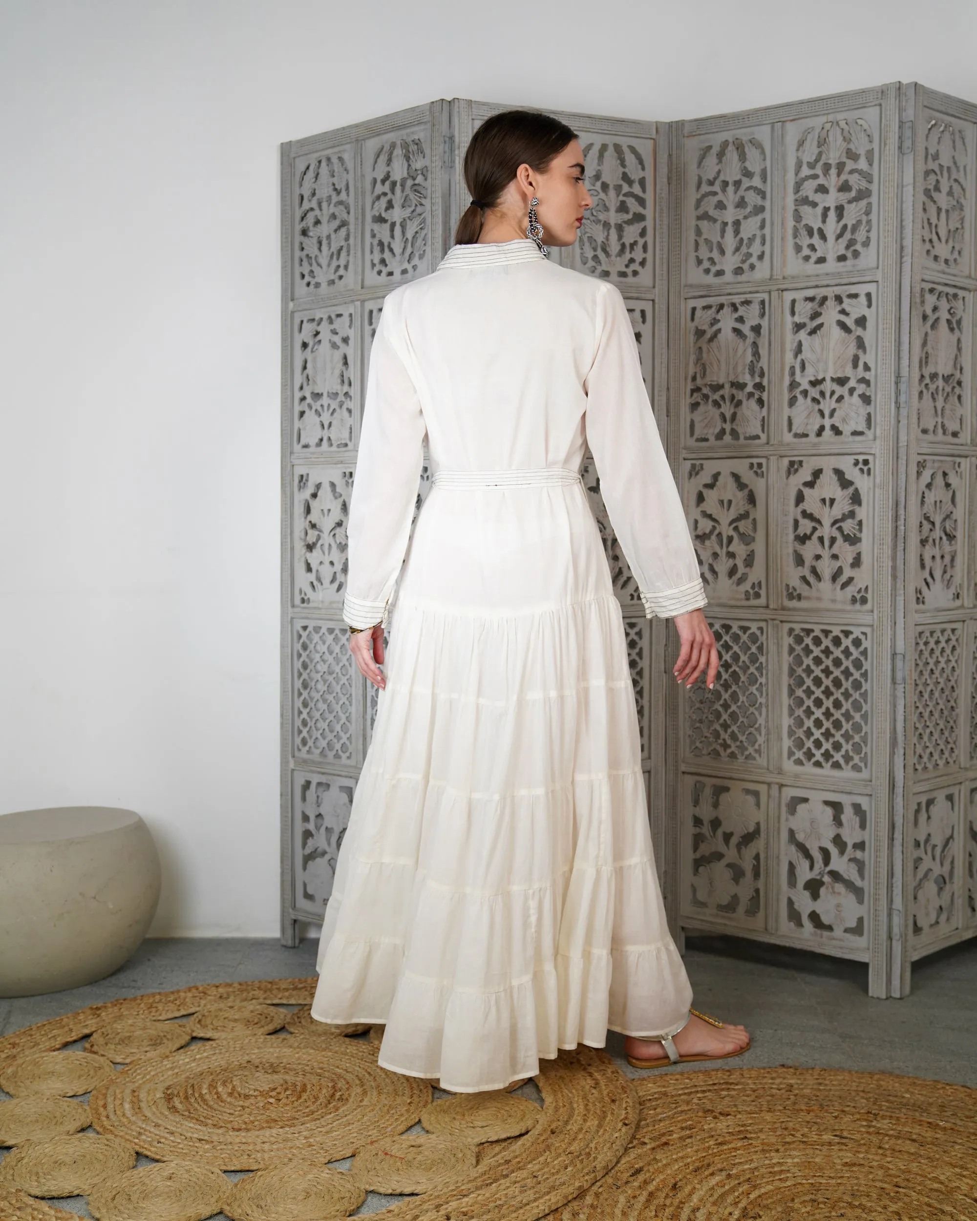 Embroidered collar with front stylish buttons and waist belted with gathered design cotton kaftan 3129 - قفطان