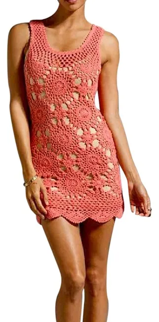 Eternal Sunshine Creations Coral Crochet Dress Size Small Crocheted Mandalas Peach Pink Tank Top Mini Dress With Scalloped Hem MSRP $242