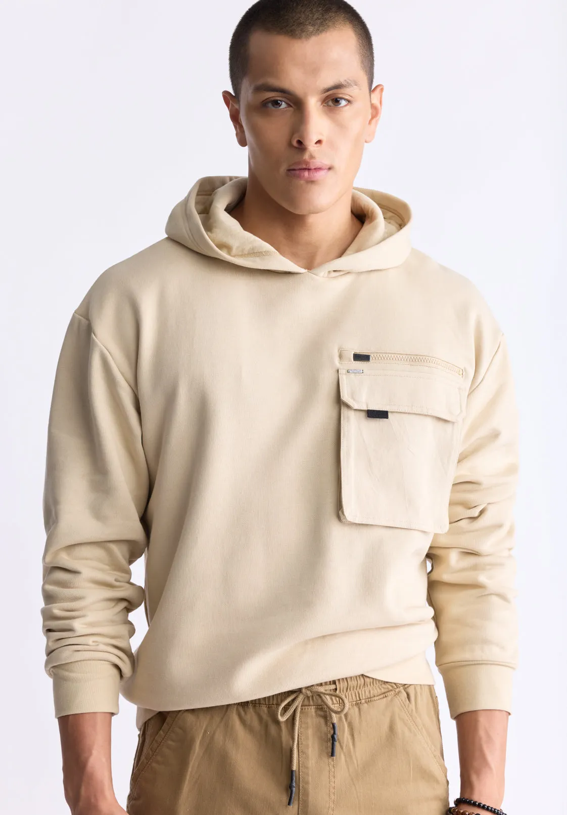 Fabio Men's Hooded Sweatshirt with Chest Pocket, Cream - BM24393