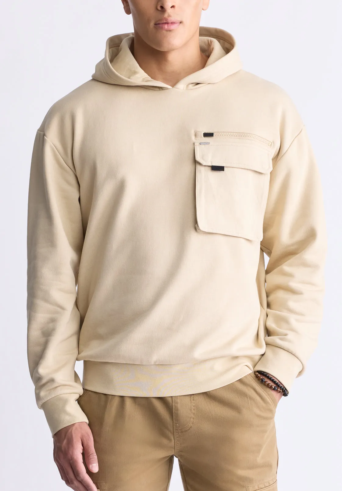 Fabio Men's Hooded Sweatshirt with Chest Pocket, Cream - BM24393