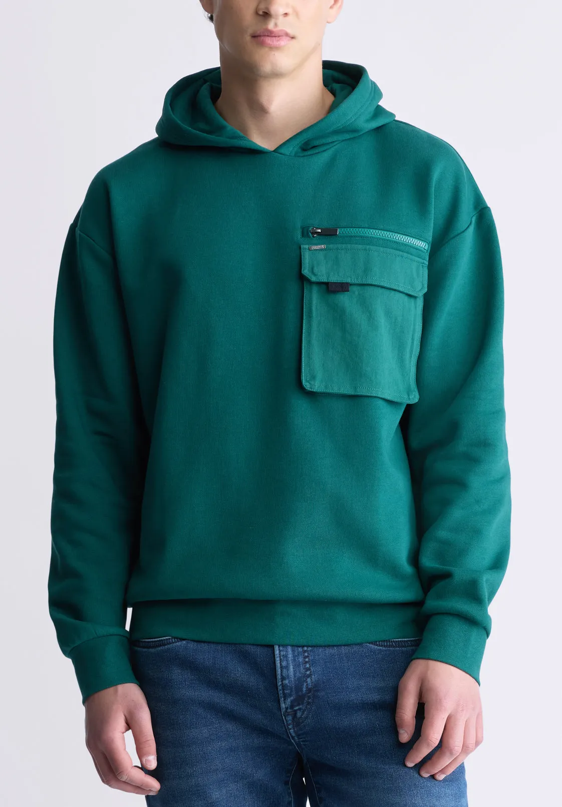 Fabio Men's Hooded Sweatshirt with Chest Pocket, Forest Green - BM24393