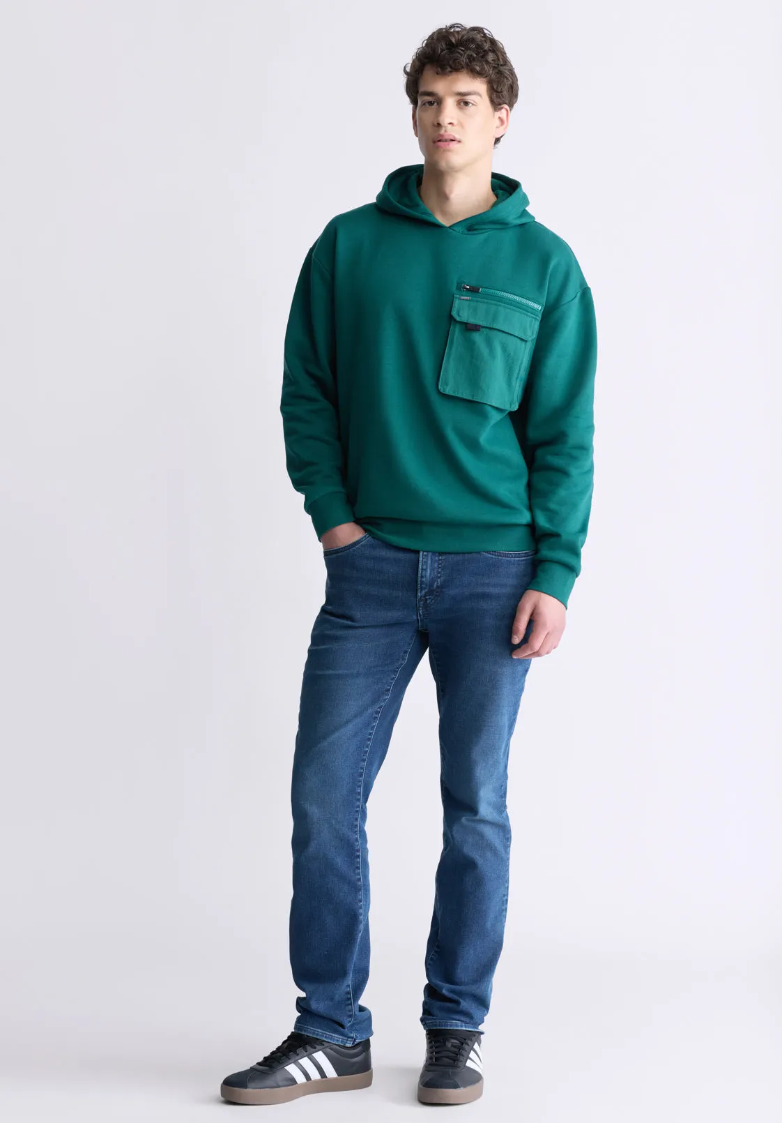 Fabio Men's Hooded Sweatshirt with Chest Pocket, Forest Green - BM24393