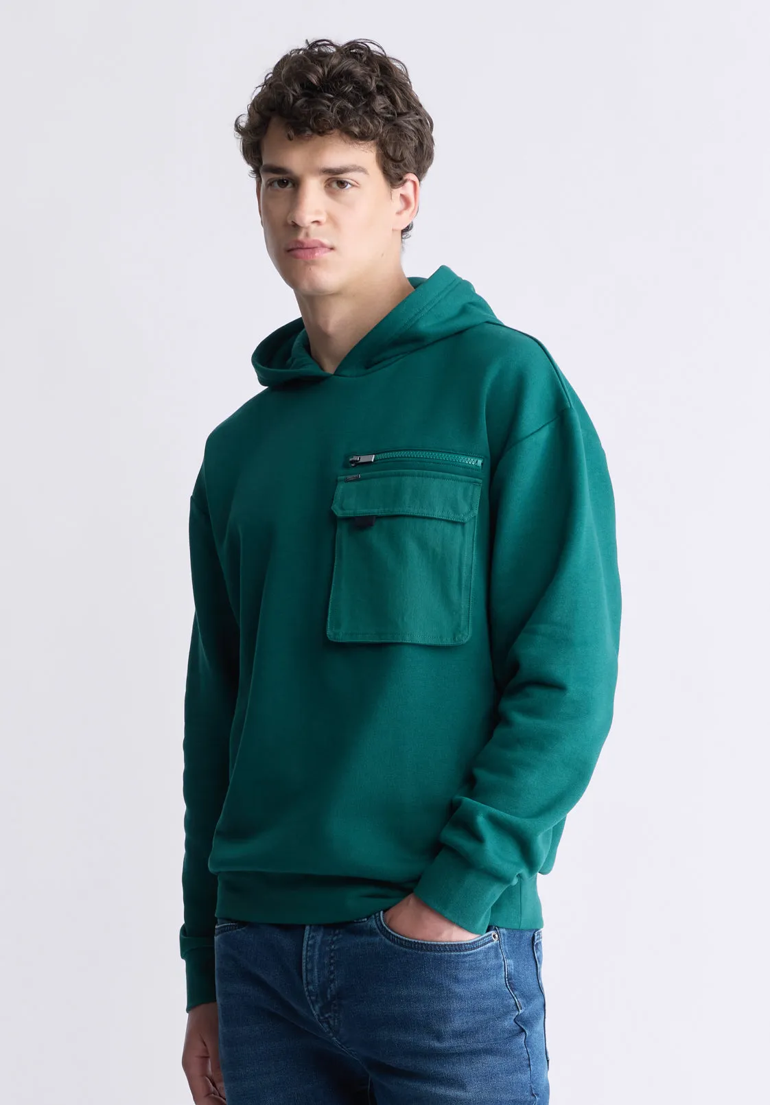 Fabio Men's Hooded Sweatshirt with Chest Pocket, Forest Green - BM24393