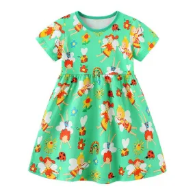 Fairies Pattern Green Short Sleeve Girls Summer Tutu Dress