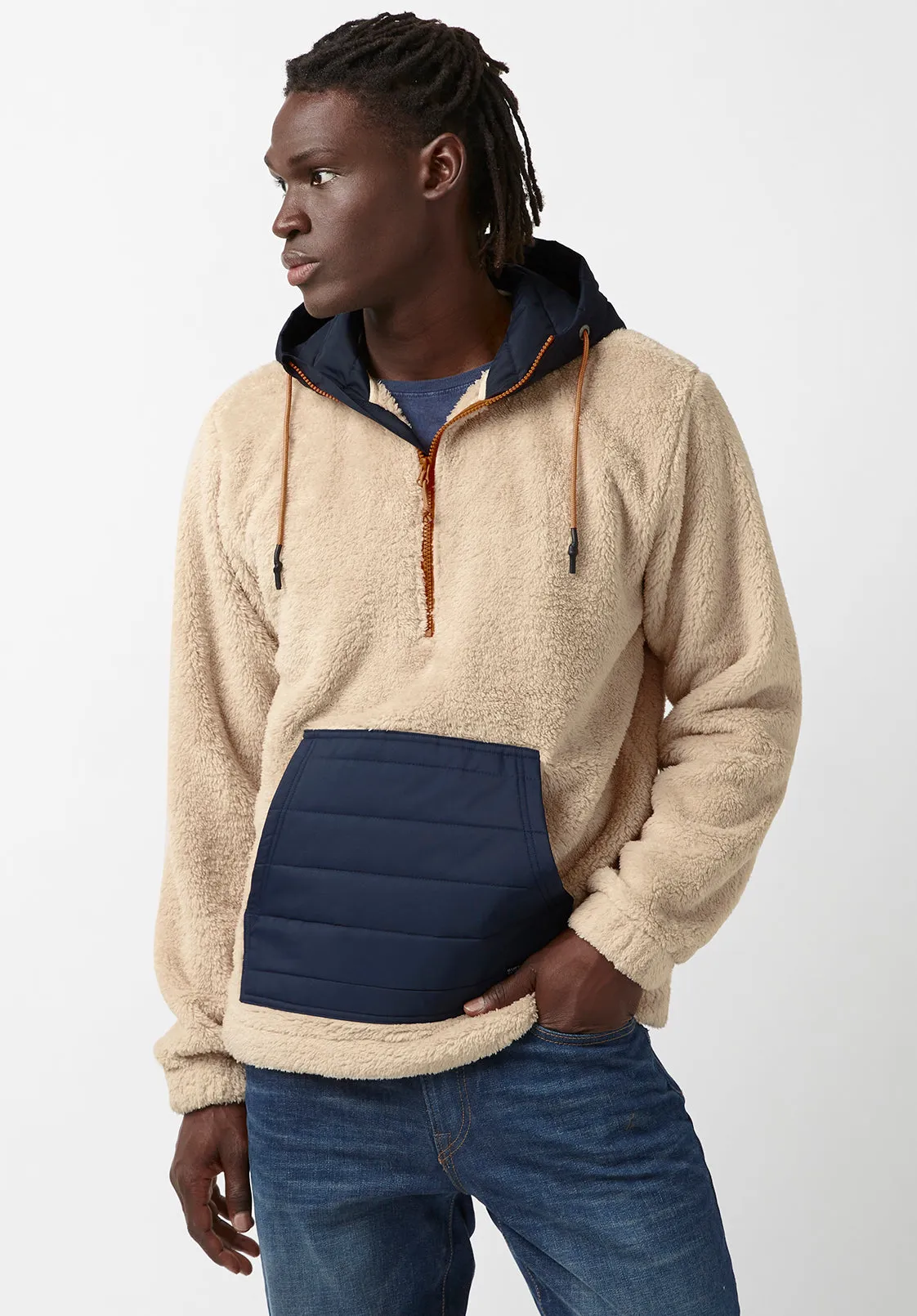 Fibet Men’s Hoodie Sweater Jacket in Beige & Navy Combo - BM24072