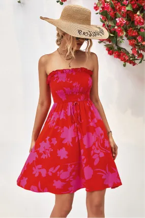 Floral Frill Trim Strapless Smocked Dress