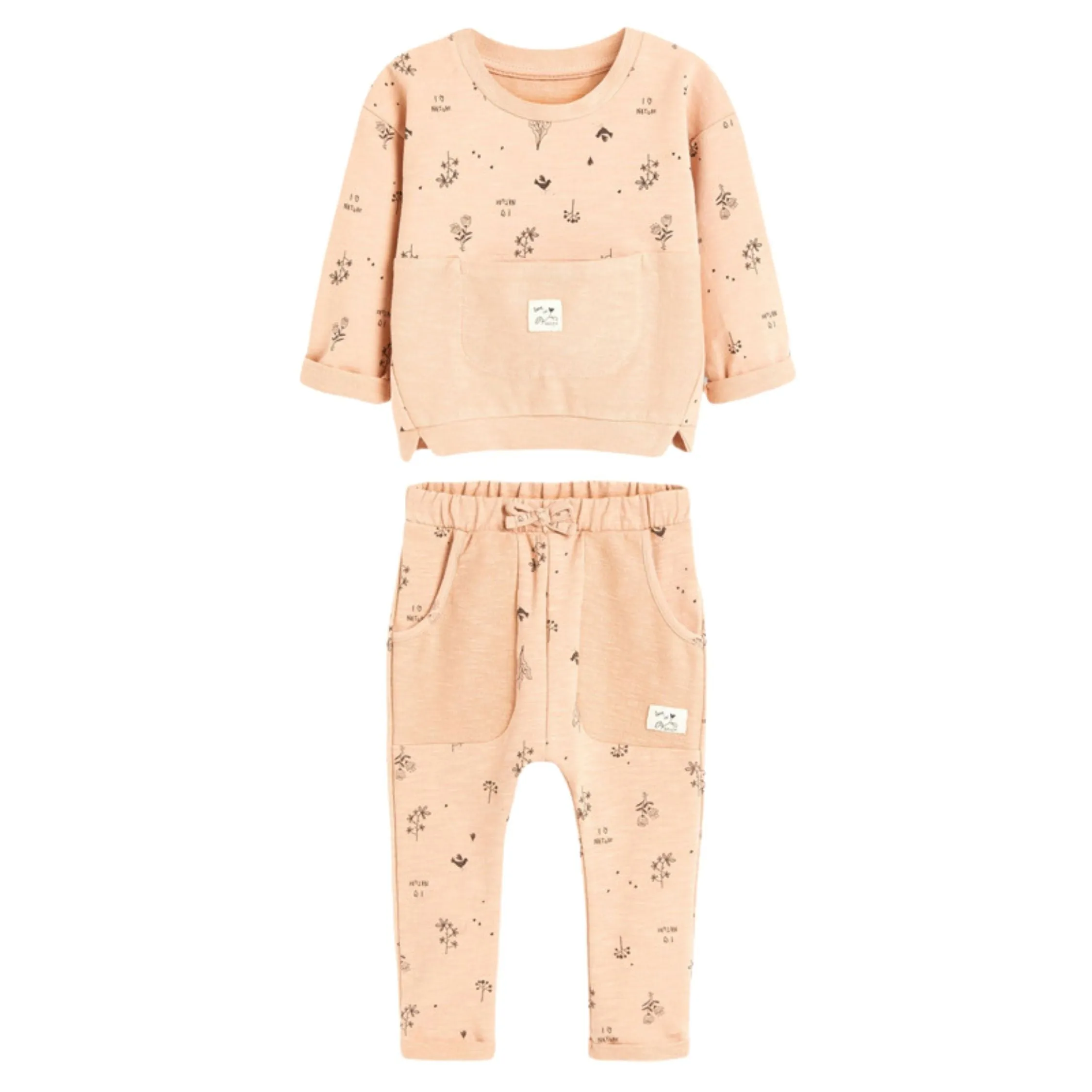 Full Sleeve Beautiful Theme Sweetshirt & Trouser Girls 2 Piece Outfit Set, Beige