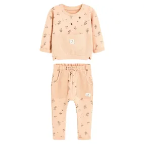 Full Sleeve Beautiful Theme Sweetshirt & Trouser Girls 2 Piece Outfit Set, Beige