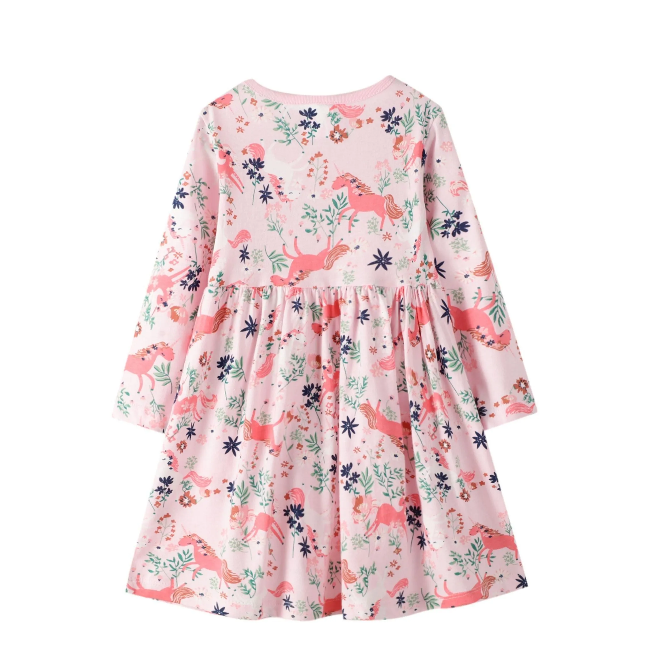 Full Sleeve Beautiful Unicorn Floral Pattern Girls Dress, Pink