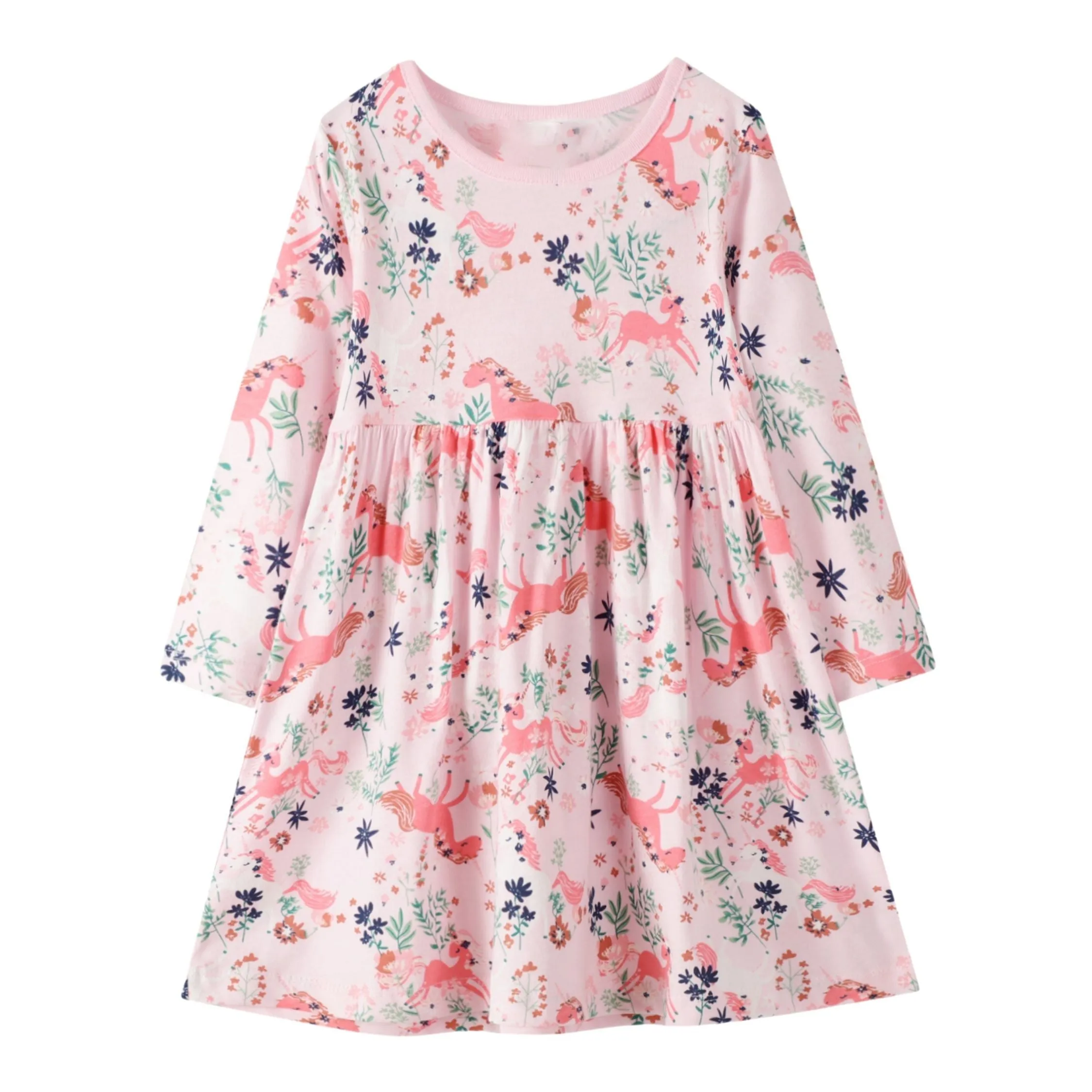 Full Sleeve Beautiful Unicorn Floral Pattern Girls Dress, Pink