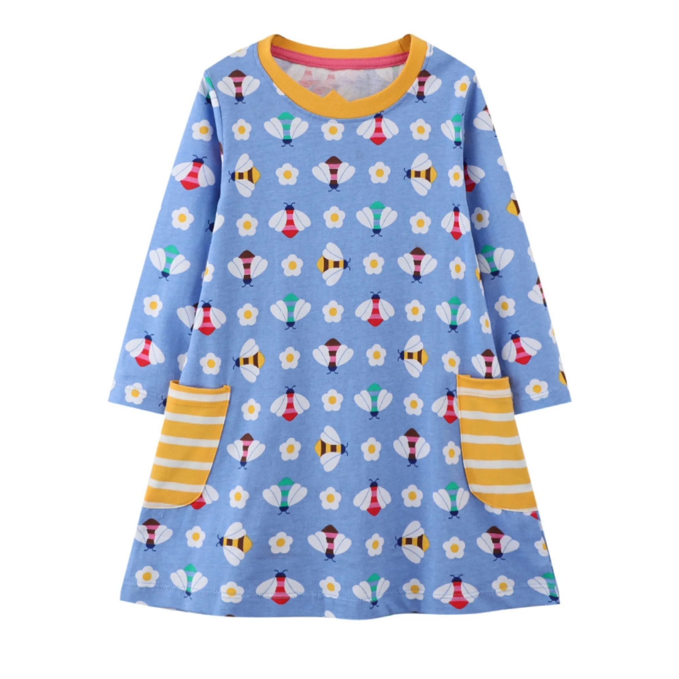 Full Sleeve Bees Print Pockets Girls Dress, Blue