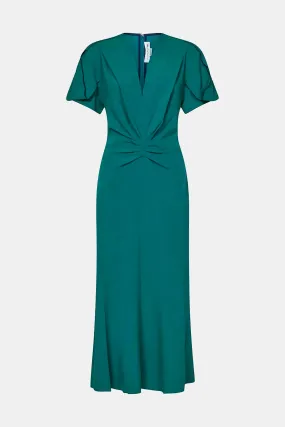 Gathered V-Neck Midi Dress in Petroleum