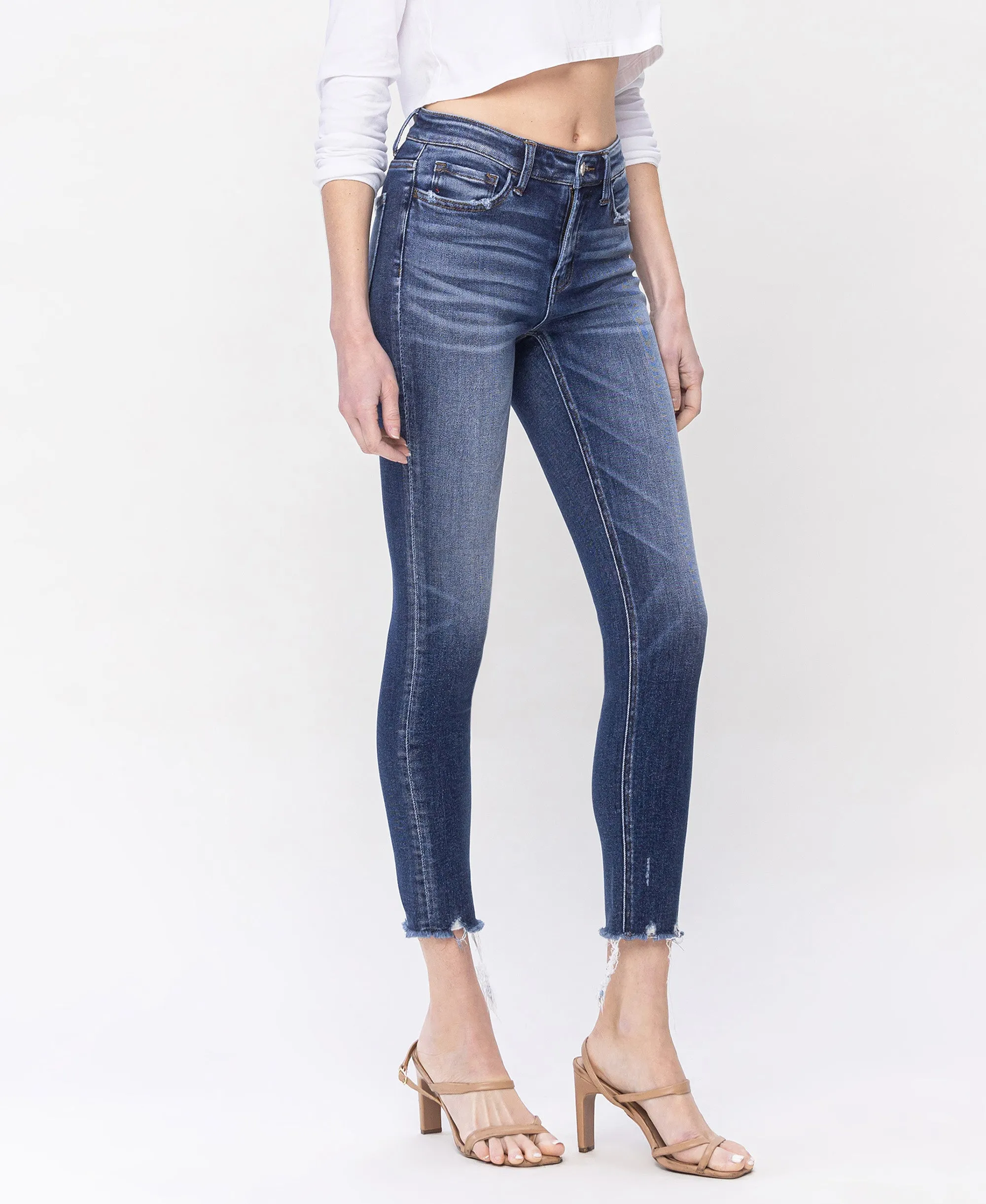 Glistening - Mid Rise Raw Distressed Hem Crop Skinny Jeans