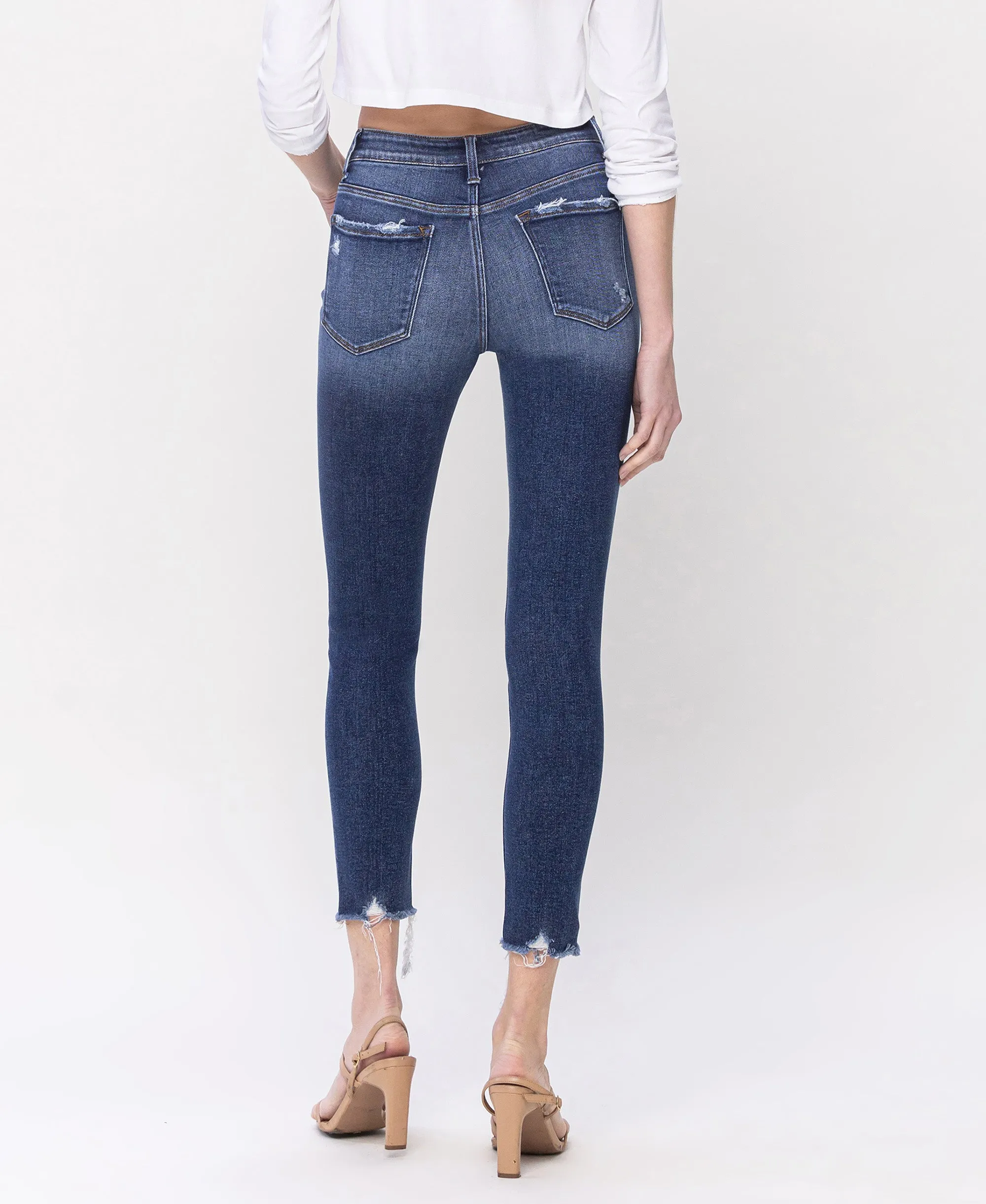 Glistening - Mid Rise Raw Distressed Hem Crop Skinny Jeans