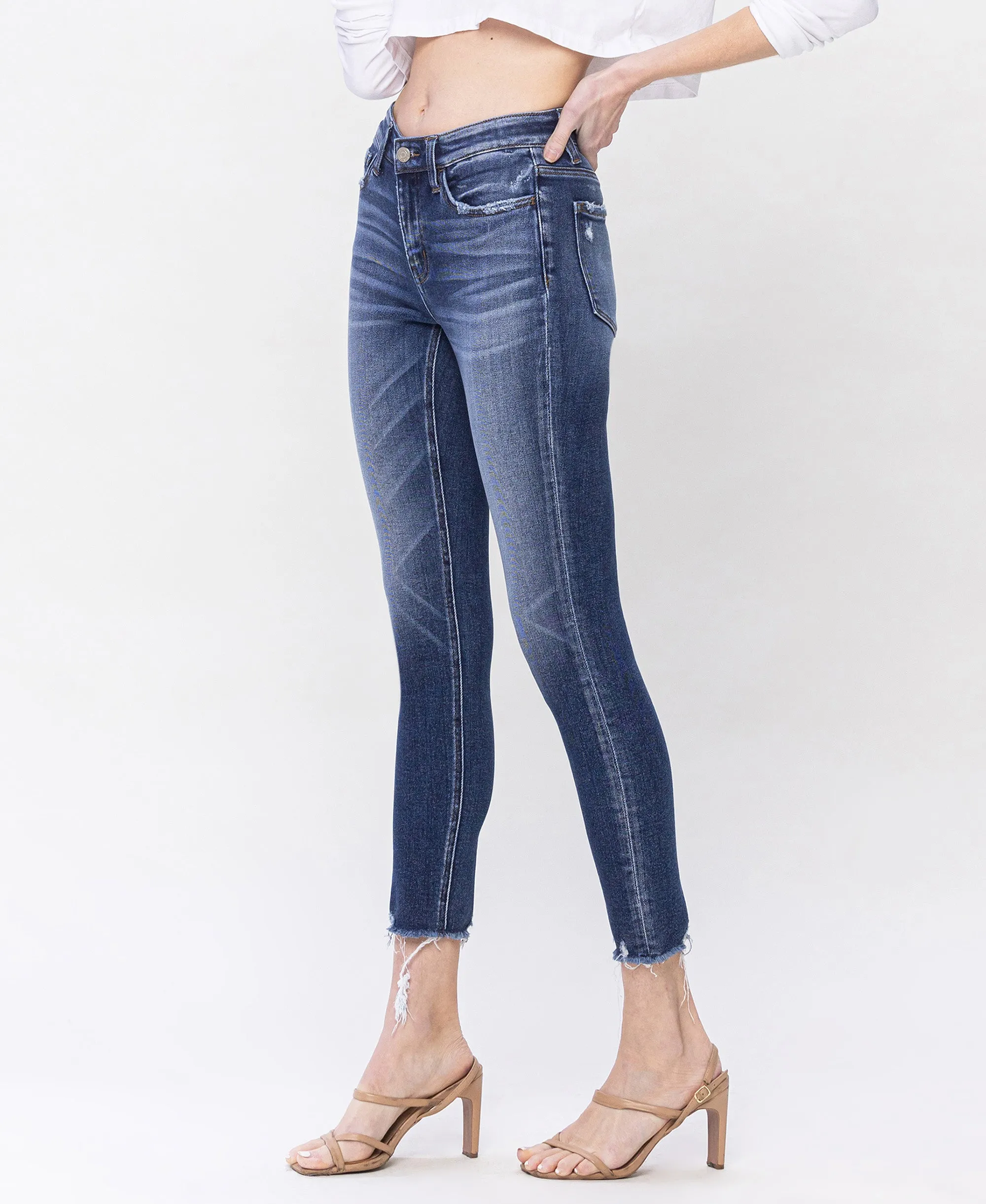 Glistening - Mid Rise Raw Distressed Hem Crop Skinny Jeans