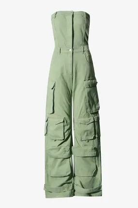 Green Denim Cargo Jumpsuit