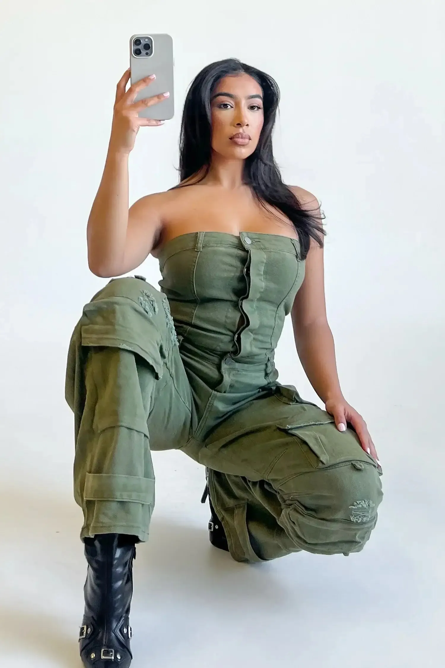 Green Denim Cargo Jumpsuit