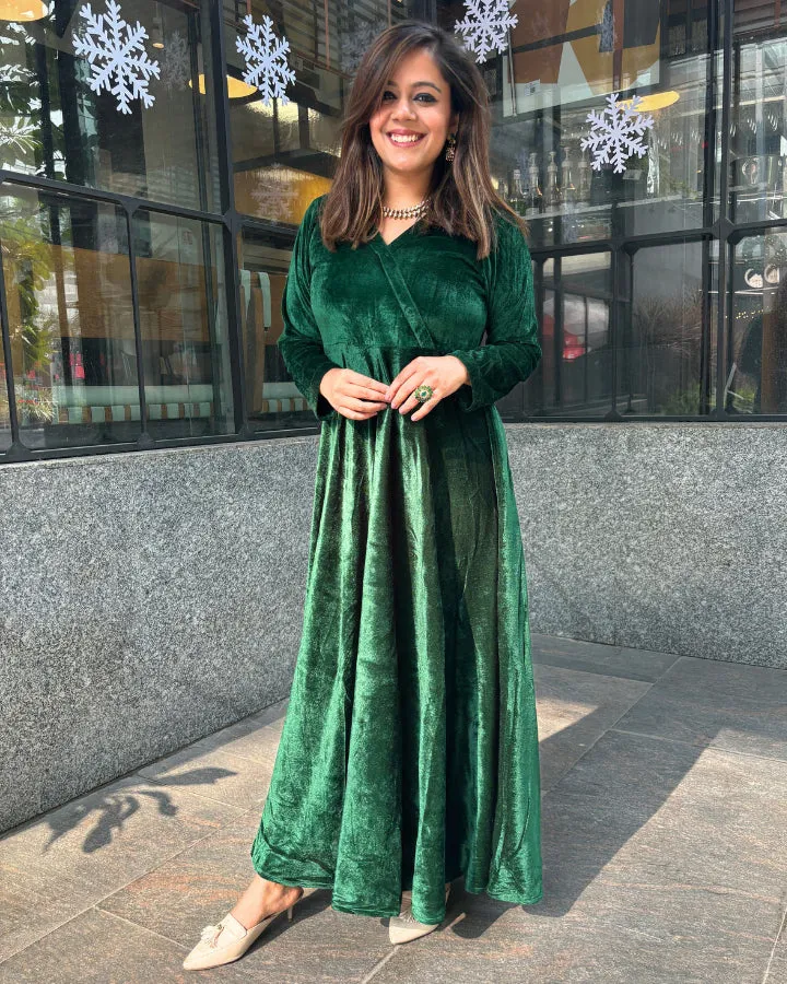 Green Fit and Flare Long Velvet Dress