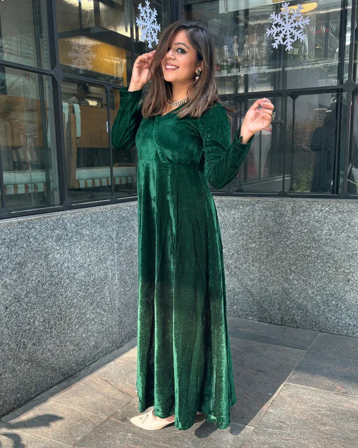 Green Fit and Flare Long Velvet Dress