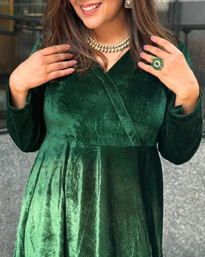 Green Fit and Flare Long Velvet Dress