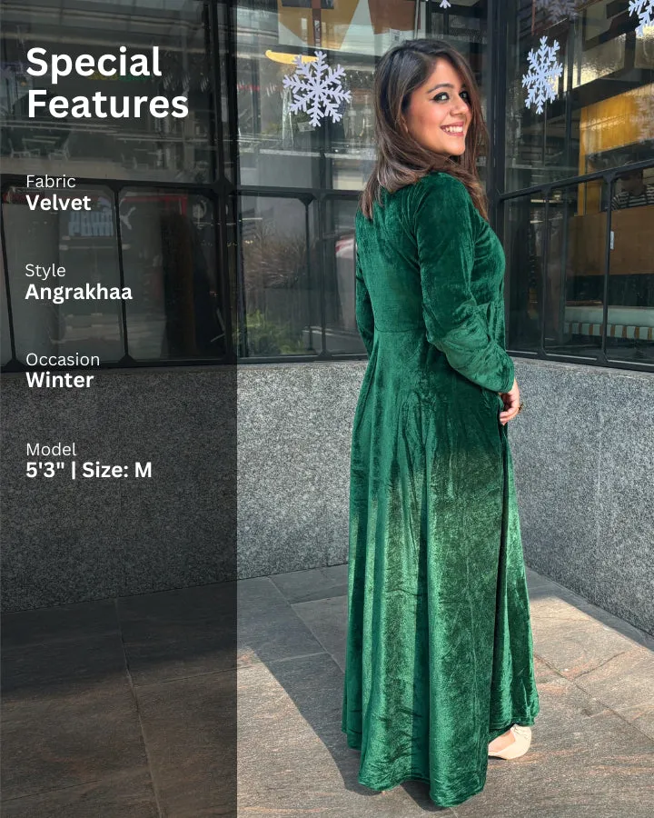 Green Fit and Flare Long Velvet Dress