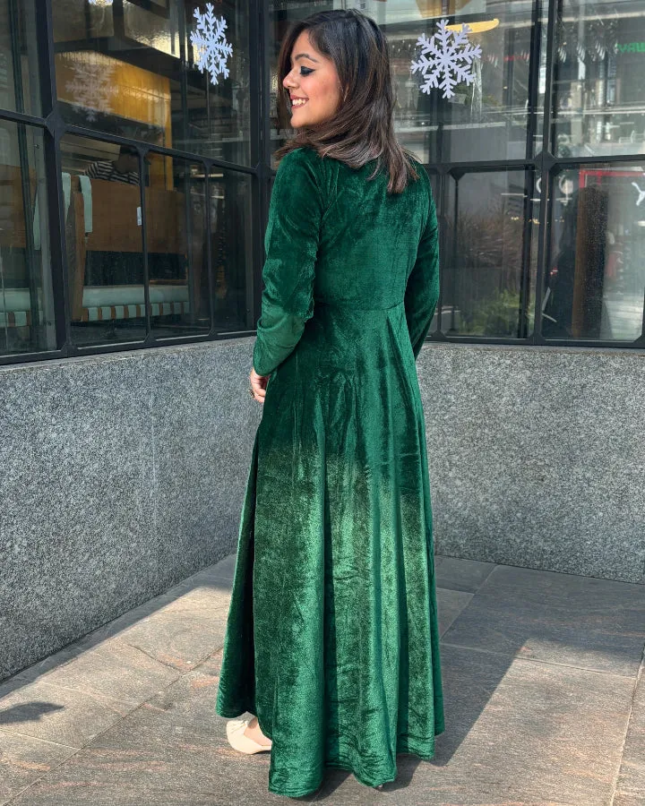 Green Fit and Flare Long Velvet Dress