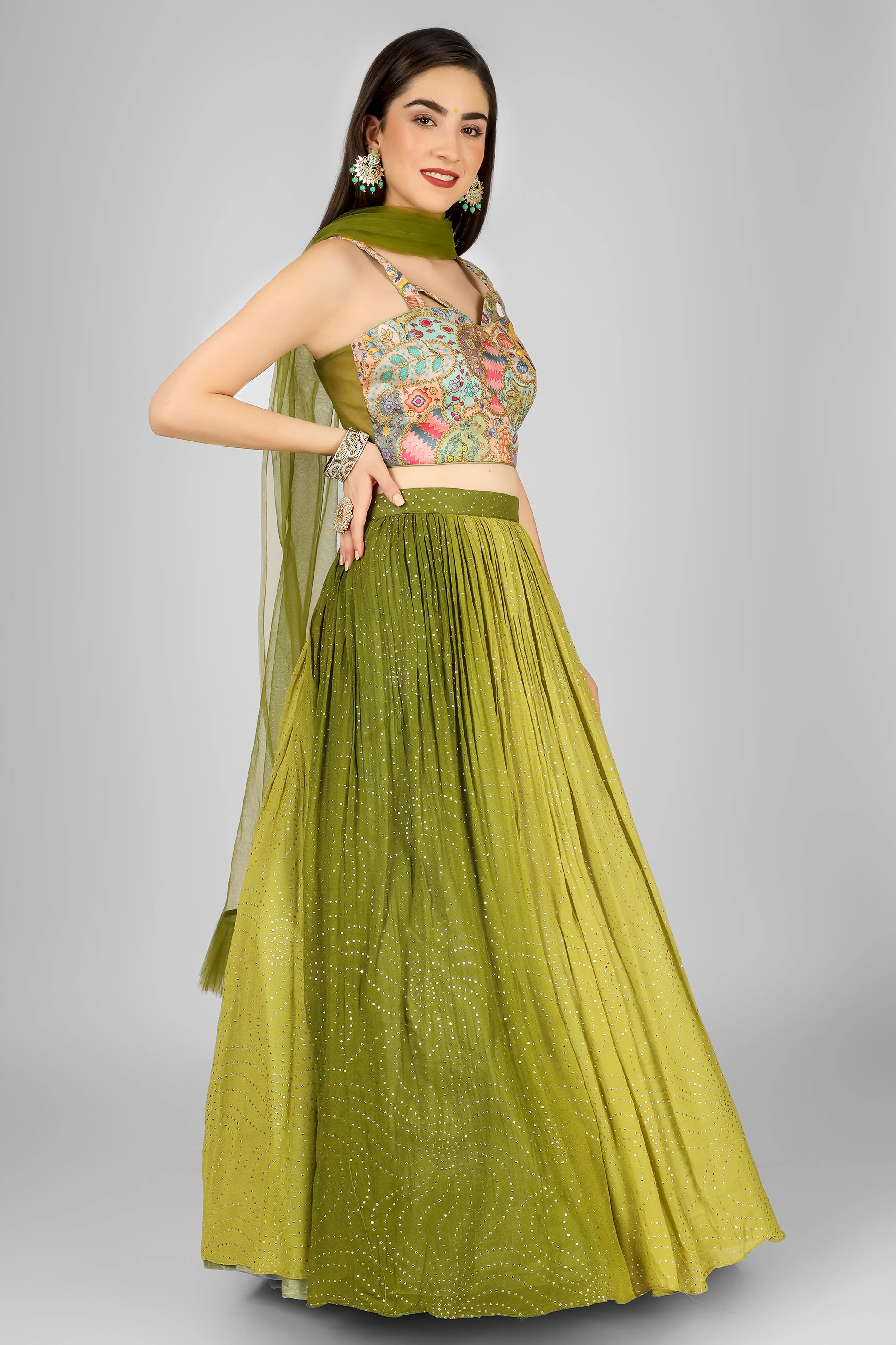 Green Lehenga Choli with Hand Embroidery