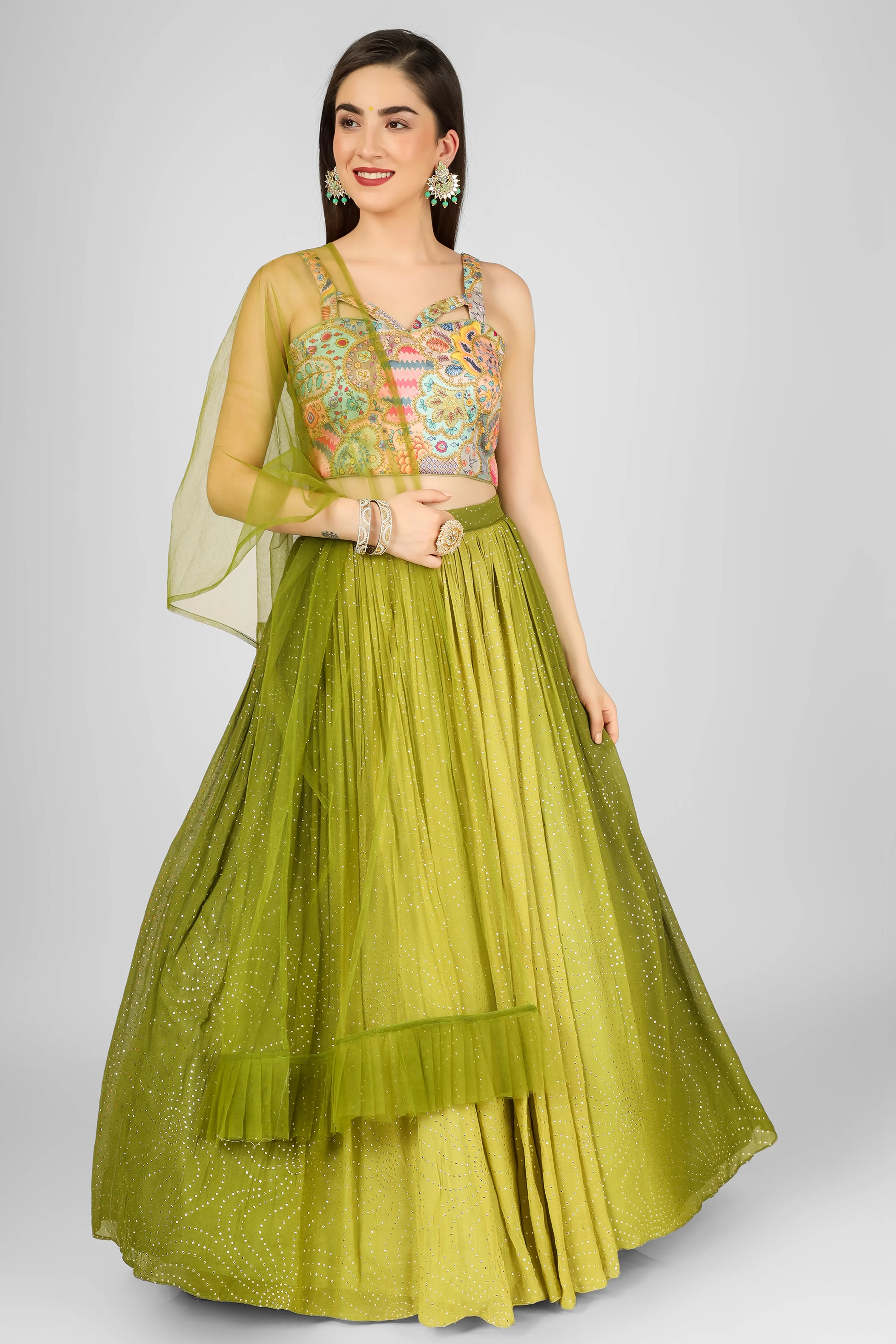 Green Lehenga Choli with Hand Embroidery