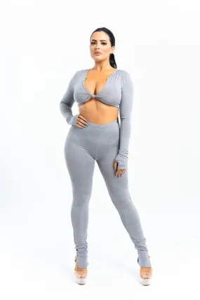 Grey Front Tie Crop Top And High Waist Pant Set