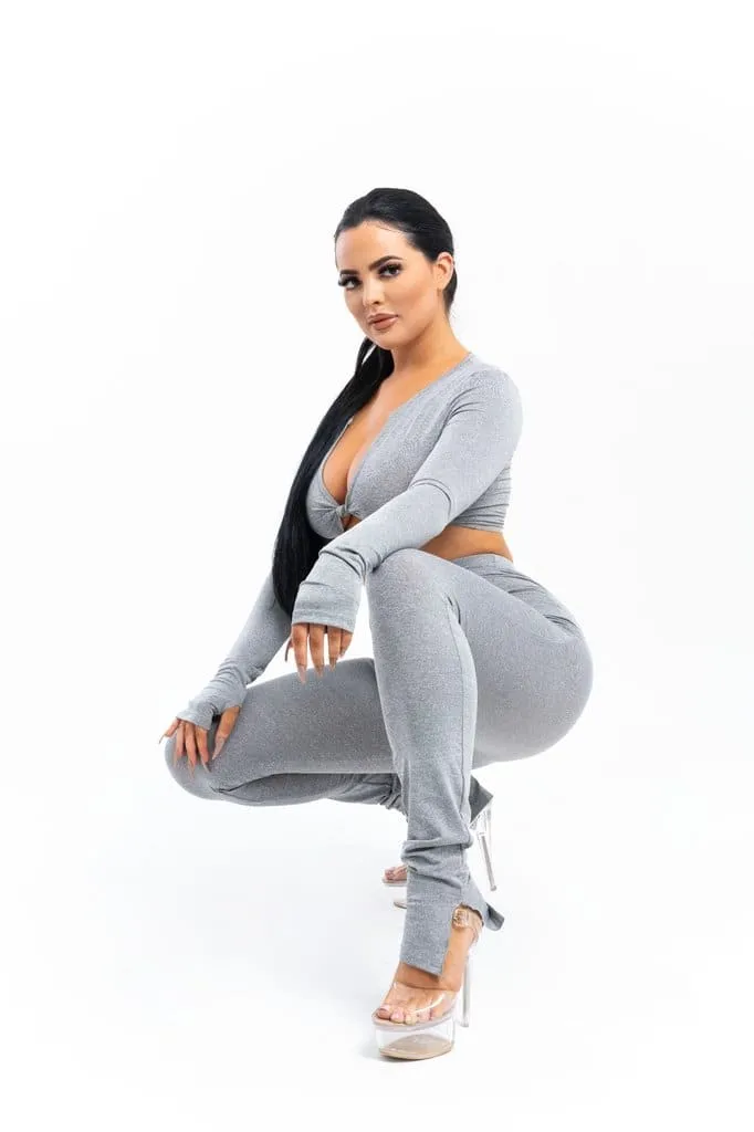 Grey Front Tie Crop Top And High Waist Pant Set