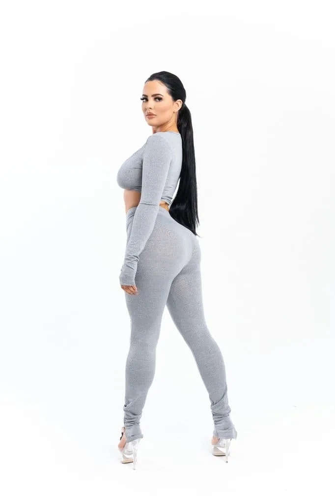 Grey Front Tie Crop Top And High Waist Pant Set