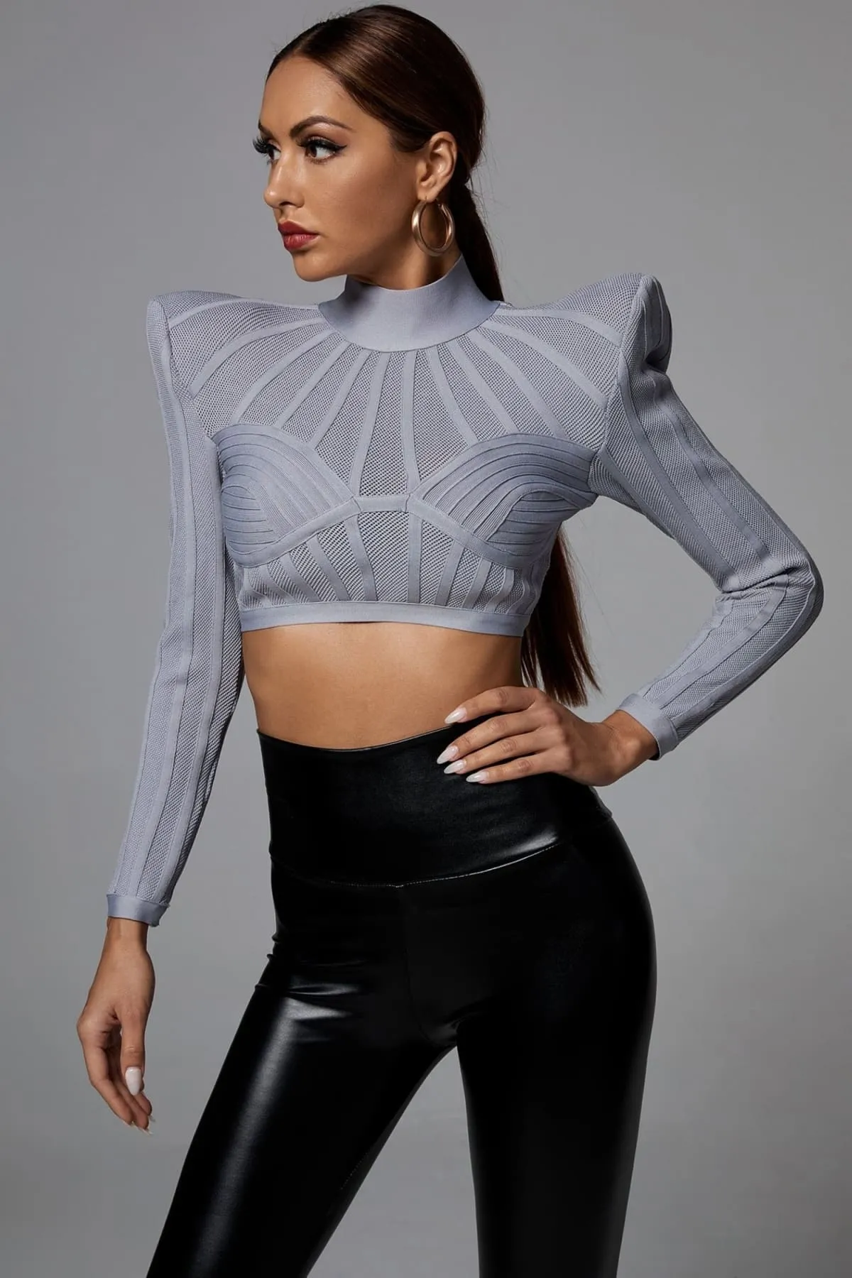 Grey Long Sleeve Padded Shoulder Crop Top