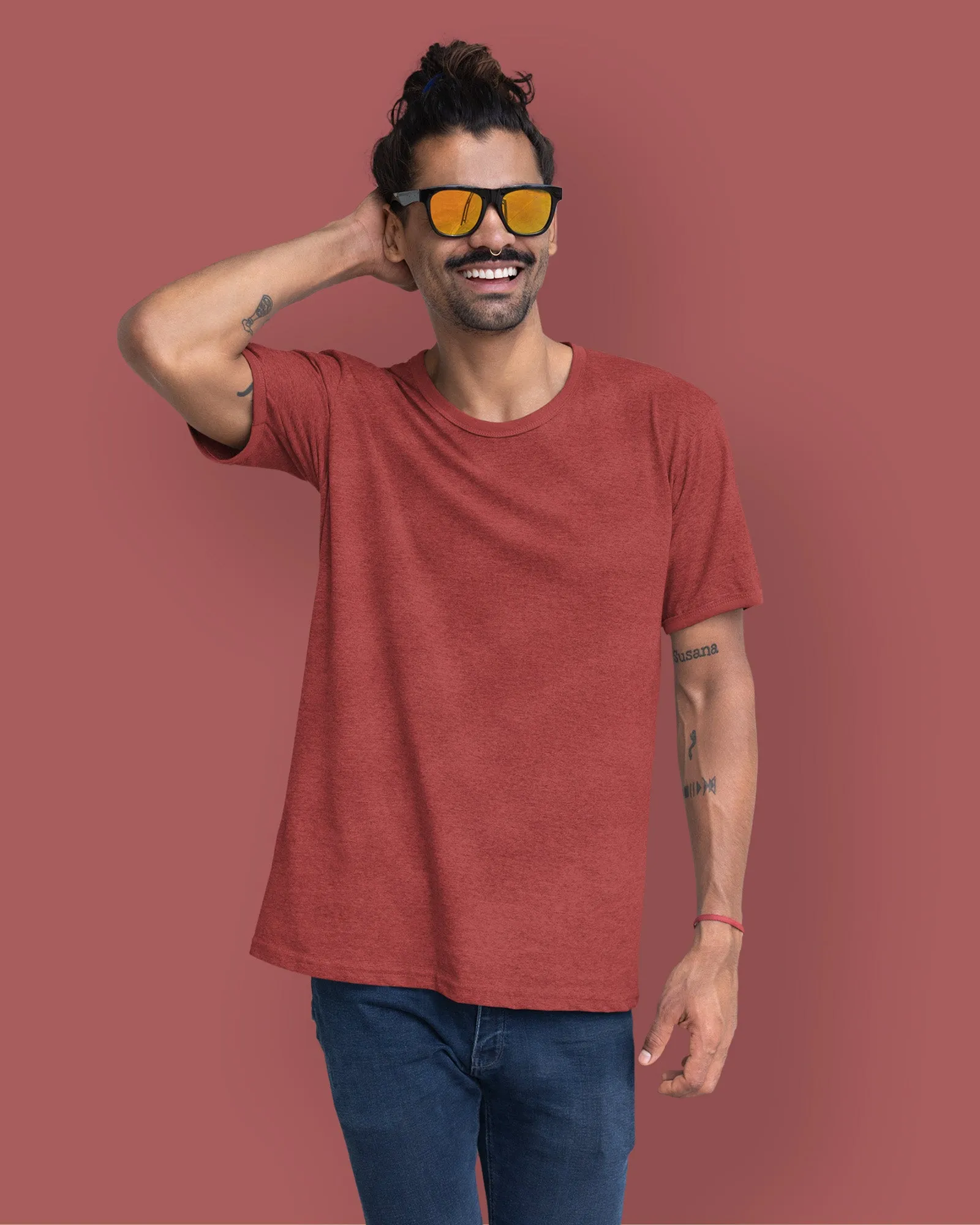 Half Sleeves Crew Neck: Maroon Melange