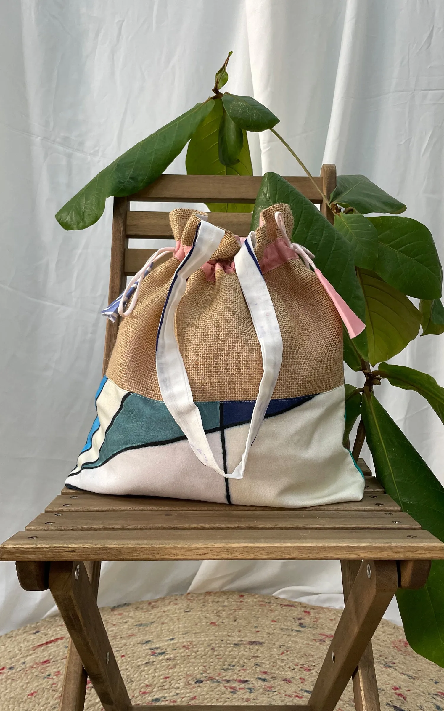 Hand Brush Painted Drawstring Tote Bag