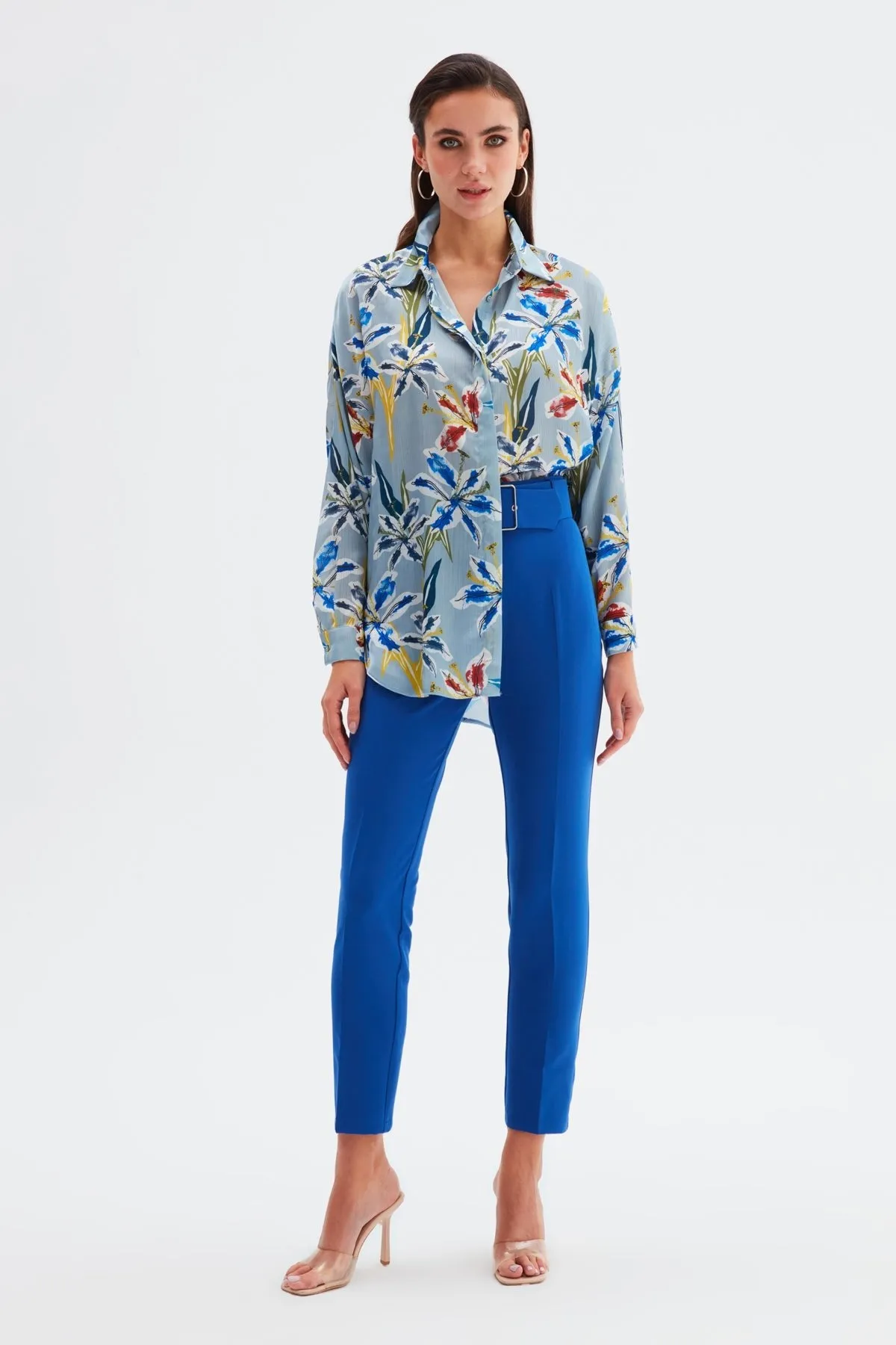 High Waist Belted Trousers - Azure