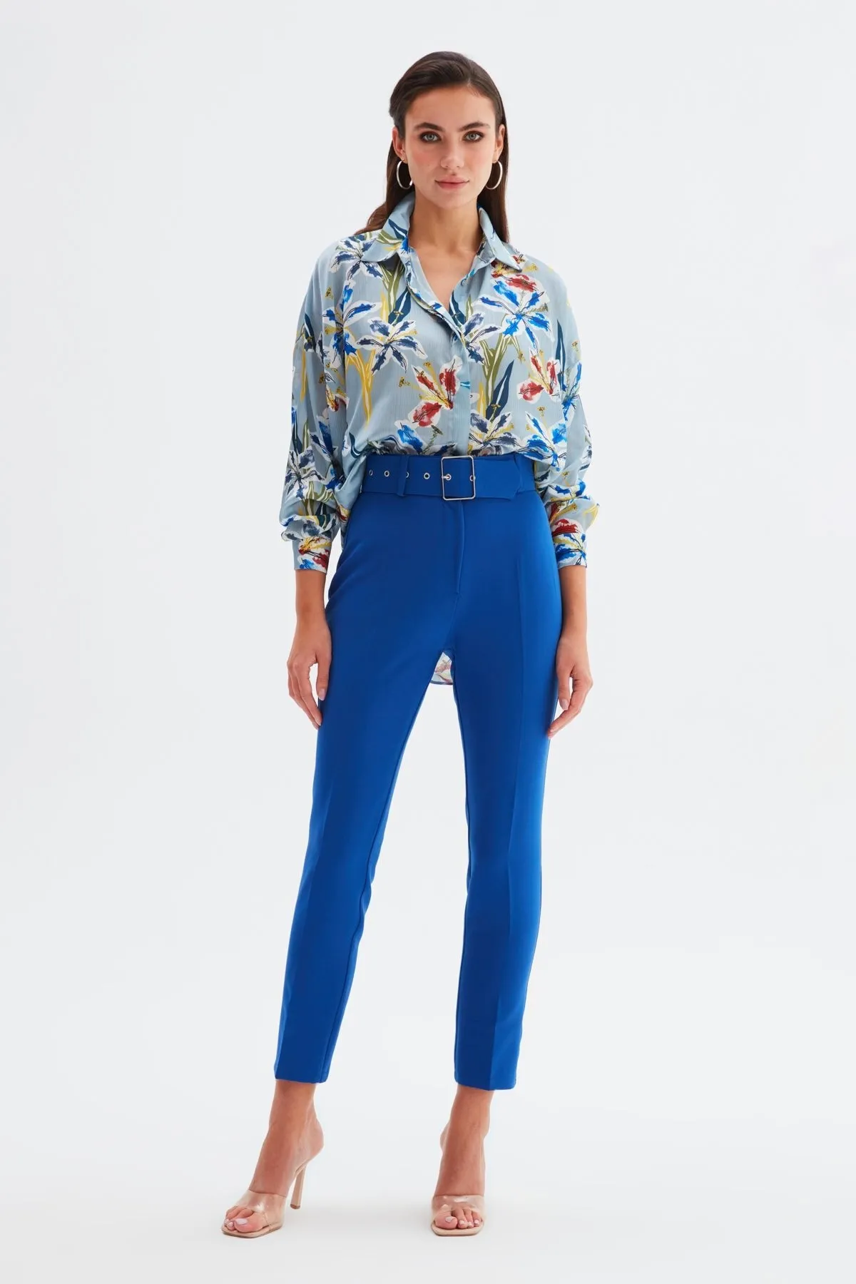 High Waist Belted Trousers - Azure