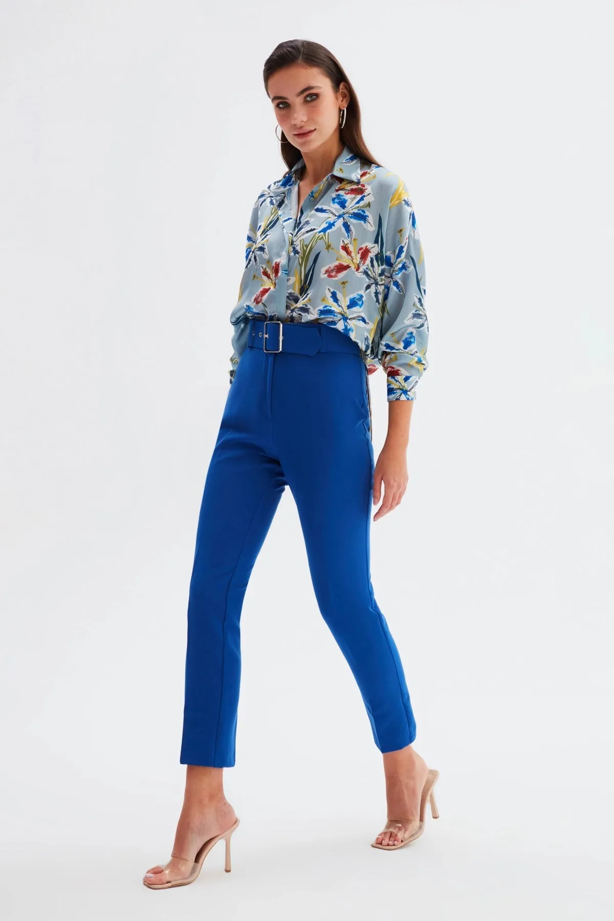 High Waist Belted Trousers - Azure