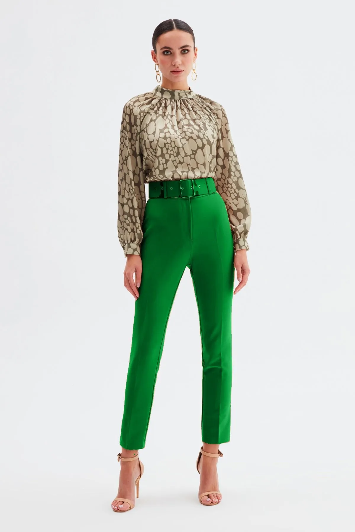 High Waist Belted Trousers - Green