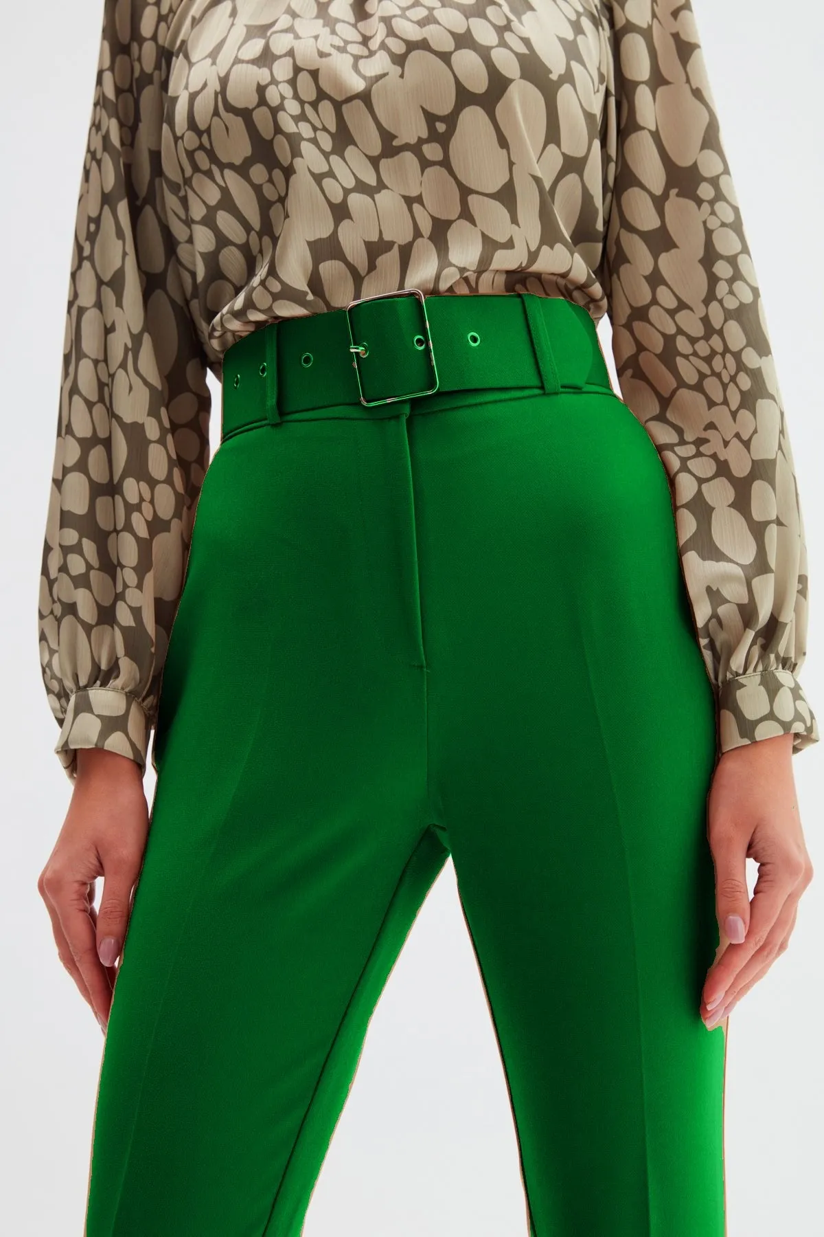 High Waist Belted Trousers - Green