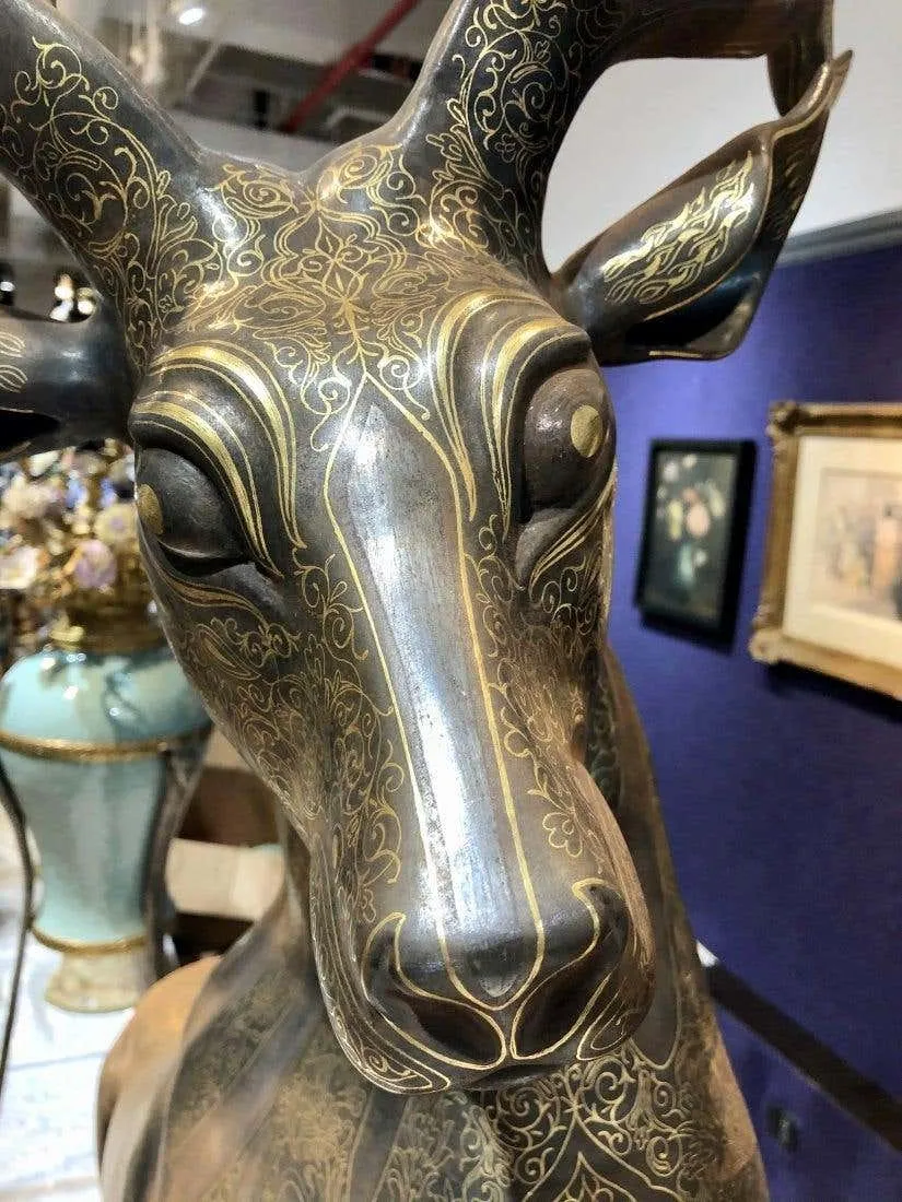 Jahangir Ayati Persian Gold Inlaid Metal Deer Sculpture