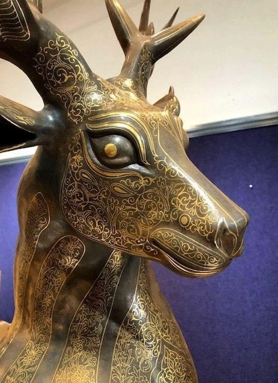 Jahangir Ayati Persian Gold Inlaid Metal Deer Sculpture