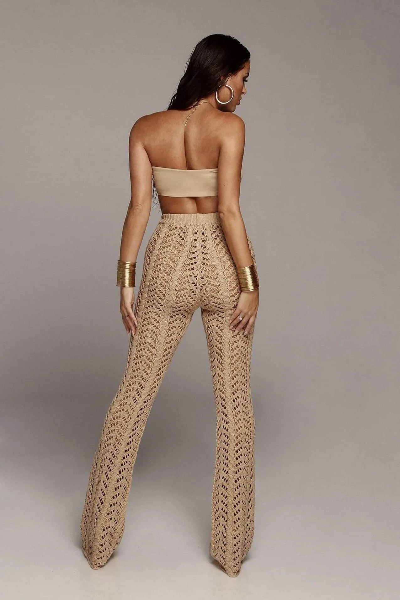 Khaki Flare Bottom Crochet Sheer Cover Up Beach Pant