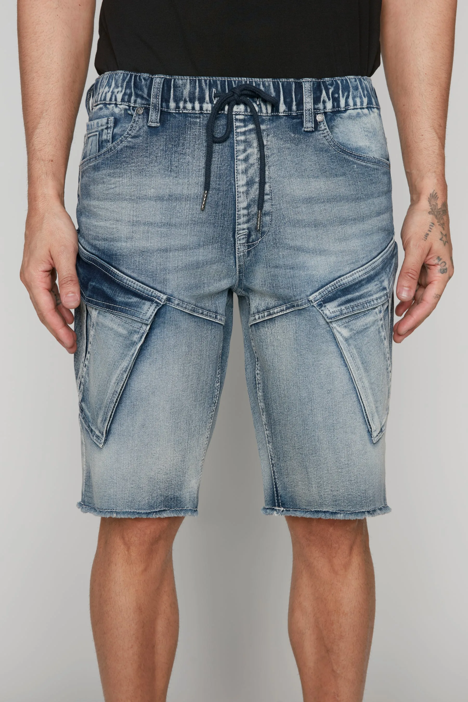 KRAVITZ - Mens 5-Pockets Pull-On Cargo Denim Shorts  - Vintage Light Blue Wash