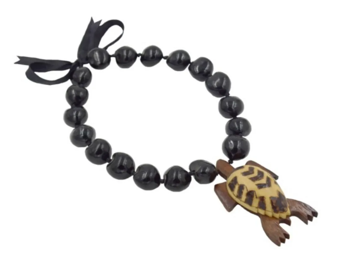 Kukui nut With Wood Turtle Pendant Necklace