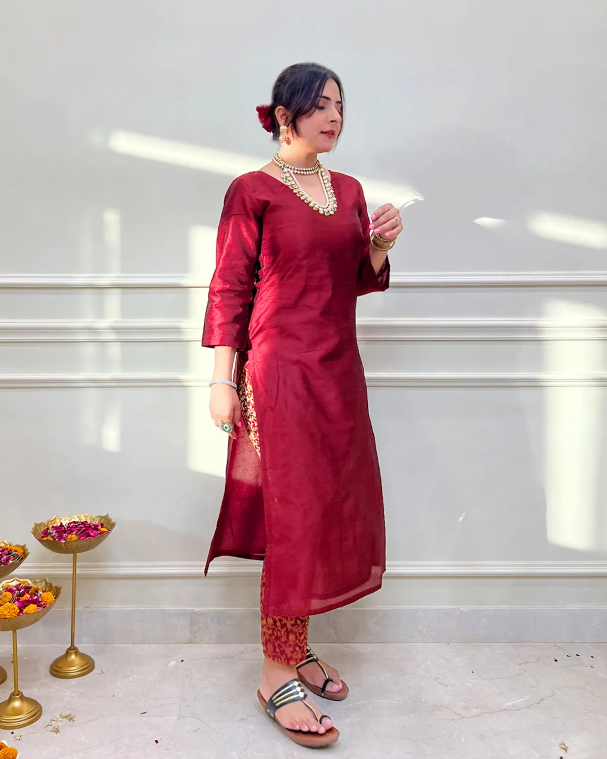 Lila Maroon Silk Kurta & Pants - Set of 2